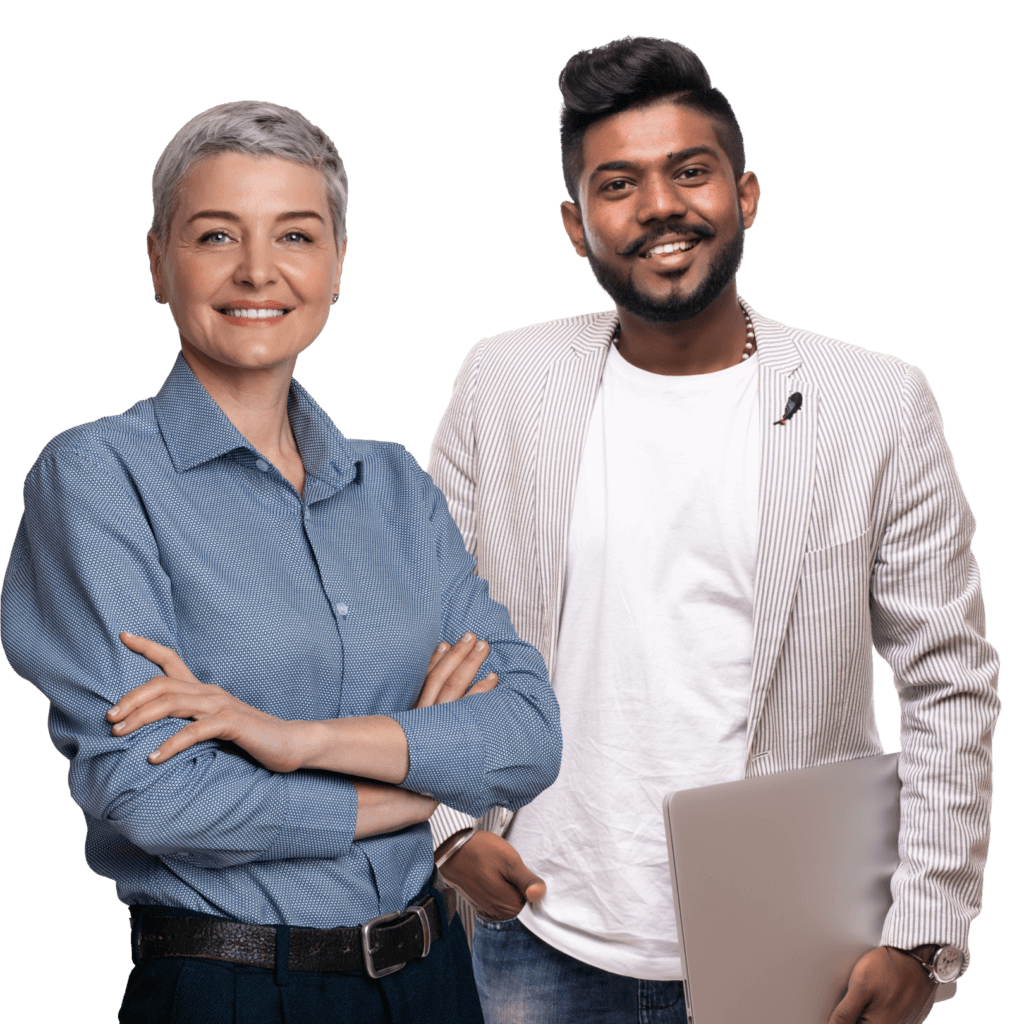 Photograph of two workers standing side by side smiling at camera